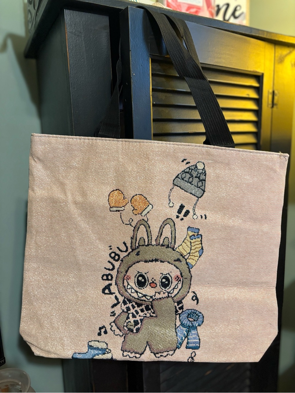 Light Tan sparkling Cute Labubu Character Tote Bag